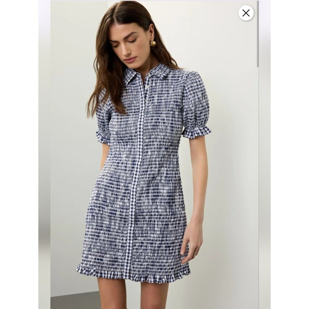 Jason Wu Gingham Navy Smocked Mini Shirt Dress Size 4